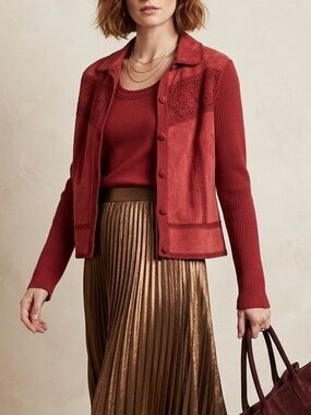 Colette Mordo Berry Red Vintage Suede Wool Blend Set Crochet Jacket Tank Large